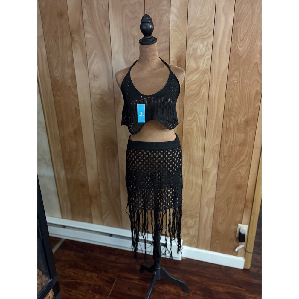 Cupshe Black Asymmetrical Crochet Halter Top & Fringe Mini Skirt Set L NEW